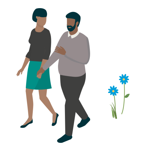 Illustration of a man and woman holding hands while walking outside