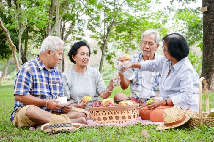 elderly friends talking about dialysis while having picnic